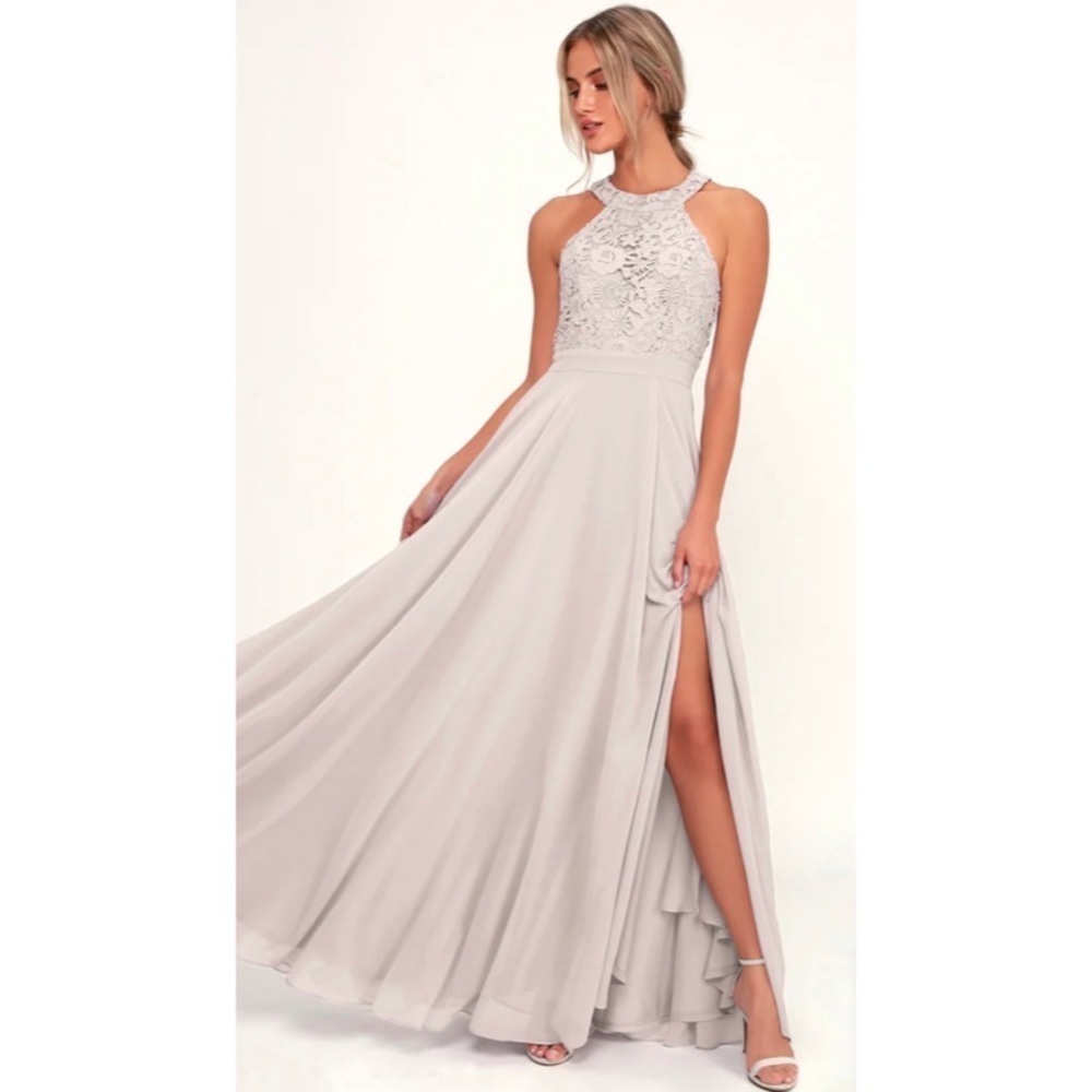 Lulus Picture Perfect Light Grey Lace Maxi Dress